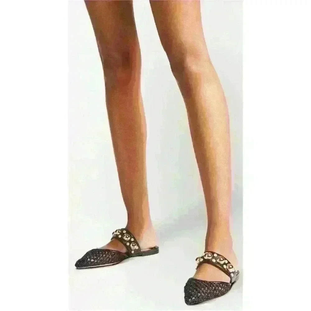 Jimmy Choo Black Basette Raffia Pearl Embellished Flat Mules Size 37.5 - Picture 2 of 8